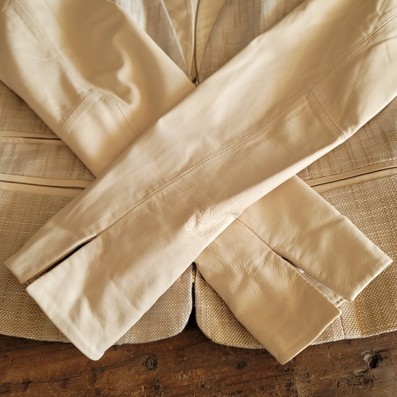 DANIER ITALIAN LEATHER/Tweed Jacket Stand Collar Faux Welt Pockets Cream Sz XS - Picture 11 of 11